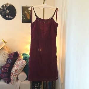 Burgundy embroidered silk dress w/ brass chain, bell, and coin embellishment